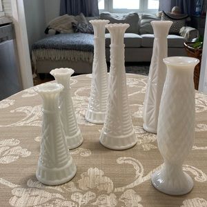 Vintage milk bud vases.  6 various size 3 - 9”, 2 - 6”, 1 - 7 1/2”